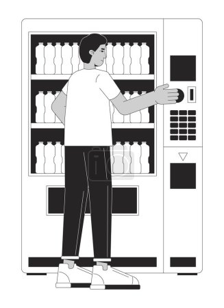 Homme indien achetant distributeur automatique de boissons noir et blanc personnage de dessin animé ligne 2D. adulte mâle achat bouteille d'eau isolé vecteur contour personne. Illustration de taches plates monochromatiques grand public