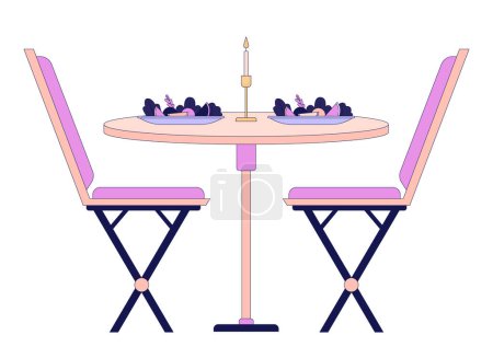 Téléchargez les illustrations : Romantique table à manger chaises 2D linéaire objet de dessin animé. Plaques de repas restaurant aux chandelles isolées ligne vecteur élément fond blanc. Rendez-vous. Bougie lumière dîner couleur plat spot illustration - en licence libre de droit