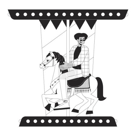 Jeune homme hispanique chevauchant carrousel de cheval noir et blanc personnage de bande dessinée ligne 2D. Rond-point amusant latino gars isolé vecteur contour personne. Divertissement monochromatique spot plat illustration