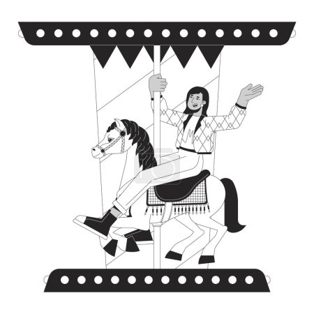 Illustration for Indian young adult woman riding horse carousel black and white 2D line cartoon character. Roundabout fun asian girl isolated vector outline person. Attraction monochromatic flat spot illustration - Royalty Free Image