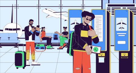 Ilustración de Pasajero del aeropuerto en el auto check in quiosco ilustración plana de dibujos animados. Esperando adultos jóvenes 2D personajes de línea de fondo colorido. Maletas de viajero. Pasillo terminal escena vector storytelling imagen - Imagen libre de derechos
