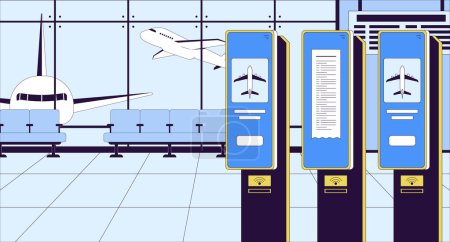 Illustration for Check in airport terminal plane cartoon flat illustration. Self service machine for tickets 2D line interior colorful background. Departure waiting lounge no people scene vector storytelling image - Royalty Free Image