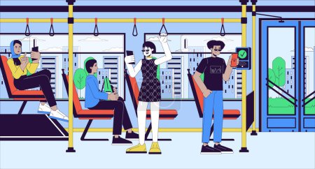 Contactless public transport payment cartoon flat illustration. Multicultural bus passengers using phones 2D line characters colorful background. Wireless bus fare scene vector storytelling image