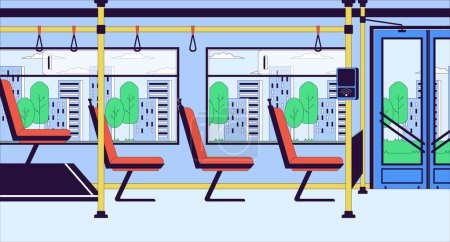 Illustration for Bus indoors with payment terminal cartoon flat illustration. Commuter public transportation 2D line interior colorful background. POS tram transport inside no people scene vector storytelling image - Royalty Free Image