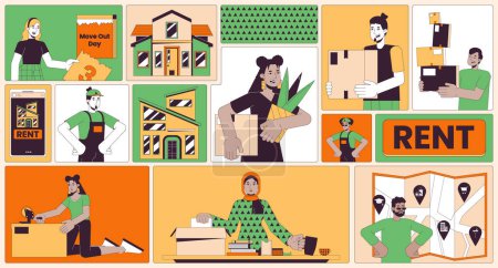 Illustration for Packing moving house bento grid illustration set. Page tear-off, relocation map, rent home 2D vector image collage design graphics collection. People holding boxes flat characters moodboard layout - Royalty Free Image
