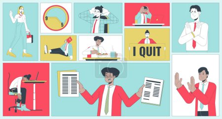 Illustration for Quiet quitting trend at workplace bento grid illustration set. Office work healthy 2D vector image collage design graphics collection. Gen z workers avoiding burnout flat characters moodboard layout - Royalty Free Image