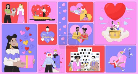 Romance Valentines day bento grid illustration set. Romantic dating 14 february 2D vector image collage design graphics collection. Diverse couple gay, lesbians flat characters moodboard layout