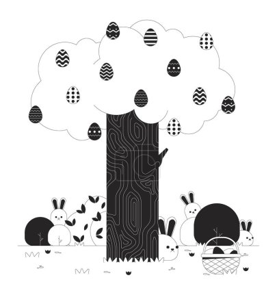 Easter bunnies tree springtime black and white cartoon flat illustration. Eastertime rabbits 2D lineart animals isolated. Ostereierbaum eggs hunt Eastertide monochrome scene vector outline image