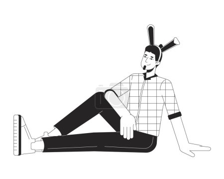 Relaxed caucasian man with rabbit ears black and white 2D line cartoon character. European guy Easter bunny ears isolated vector outline person. Eastertime monochromatic flat spot illustration
