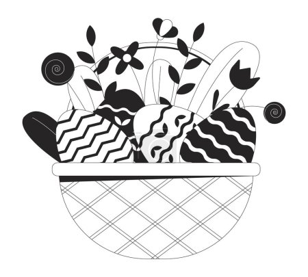 Flores silvestres huevos de Pascua cesta de mimbre blanco y negro 2D línea de dibujos animados objeto. Huevos de Pascua flores de abril elemento de contorno vectorial aislado. Resurrección festivo religioso monocromático plano spot ilustración