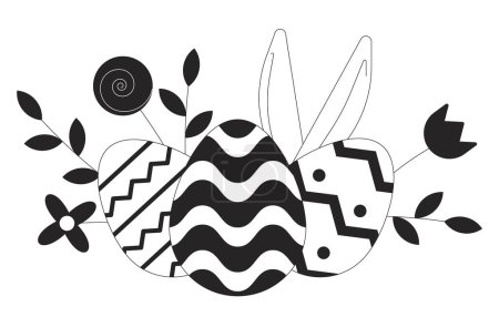Oeufs de Pâques fleurs de printemps noir et blanc objet de dessin animé ligne 2D. Élément de contour vectoriel isolé des oeufs de Pâques floraux du printemps. Orné décoratif. Illustration des taches plates monochromes des fêtes de Pâques