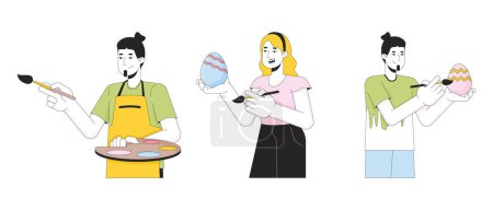 Easter-eggs painting adults 2D linear cartoon characters set. Caucasian woman, men isolated line vector people white background. Preparation holiday Eastertide color flat spot illustrations collection