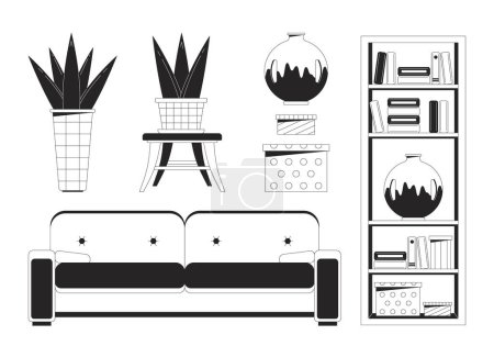 Illustration for Living room furnishing black and white 2D line cartoon objects set. Home interior isolated line vector elements white background. Minimalist furniture monochromatic flat spot illustration collection - Royalty Free Image
