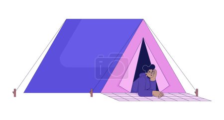 Illustration for Black girl lying at camping tent 2D linear cartoon character. African-american female student isolated line vector person white background. Wanderlust hiker woman color flat spot illustration - Royalty Free Image