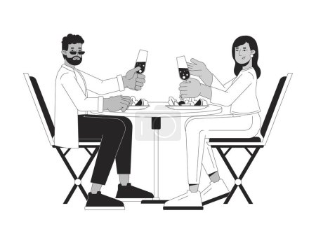 Married couple eating dinner black and white 2D line cartoon characters. Lovers drinking wine together isolated vector outline people. Dating heterosexual monochromatic flat spot illustration