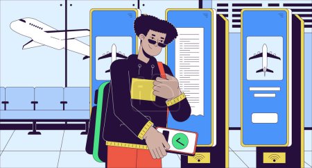 Ticket buying at self service check in cartoon flat illustration. Airport passenger paying nfc phone boarding 2D line character colorful background. Airline ticketing scene vector storytelling image