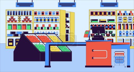 Supermercado caja contador de dibujos animados ilustración plana. Registro de comestibles 2D línea interior colorido fondo. Línea de pago con terminal de pago con tarjeta, sin imagen de narración vectorial de escena de personas