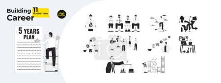 Career building black and white 2D illustrations concepts bundle. Job candidates diverse cartoon outline characters isolated on white. Burnout, achievements metaphors monochrome vector art collection