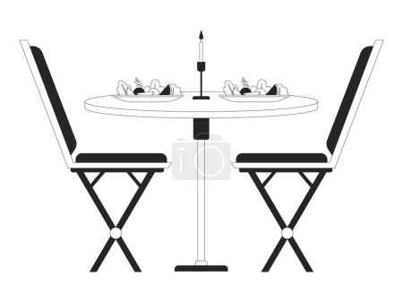 Illustration for Romantic dinner table chairs black and white 2D line cartoon object. Restaurant meal plates by candlelight isolated vector outline item. Date night by candle light monochromatic flat spot illustration - Royalty Free Image