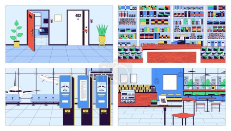 Illustration for Public space indoors cartoon flat illustration set. Corridor apartment, pharmacy counter 2D line interiors colorful backgrounds collection. Airport, coffee shop scenes vector storytelling images - Royalty Free Image