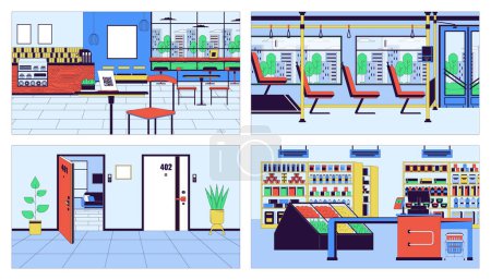 Illustration for Public space interior cartoon flat illustration set. Coffee shop, checkout supermarket 2D line interiors colorful backgrounds collection. Hallway doors, bus seats scenes vector storytelling images - Royalty Free Image