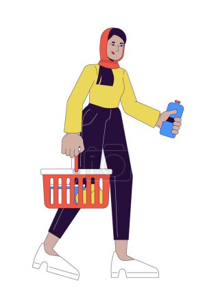 Muslim hijab woman with shopping basket 2D linear cartoon character. Groceries buying female arab isolated line vector person white background. Holding water bottle color flat spot illustration