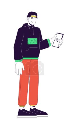 Téléchargez les illustrations : Coréen jeune homme ayant NFC sur téléphone personnage de dessin animé linéaire 2D. Sans contact payant gars isolé ligne vecteur personne fond blanc. Technologie de communication sans fil illustration spot plat couleur - en licence libre de droit