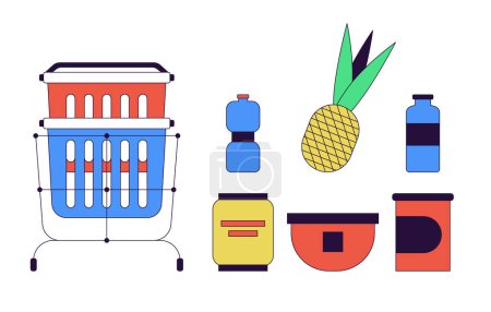 Illustration for Shopping cart products 2D linear cartoon objects set. Purchasing food isolated line vector elements white background. Buying food drink. Foodstuff store color flat spot illustration collection - Royalty Free Image