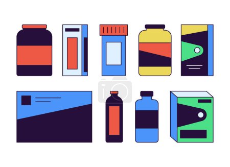 Illustration for Pharmaceuticals medications 2D linear cartoon objects set. Pills bottles. Medicine packages isolated line vector elements white background. Vitamins supplement color flat spot illustration collection - Royalty Free Image