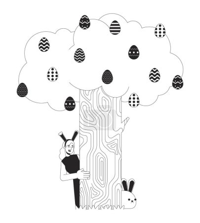 Bunny ears woman peeking around tree black and white 2D line cartoon character. Caucasian female isolated vector outline person. Girl hiding behind eastertree monochromatic flat spot illustration