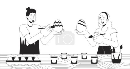 Caucasian couple painting eggs Easter black and white 2D line cartoon characters. Paintbrushes holding adults two isolated vector outline people. Eastertide custom monochromatic flat spot illustration