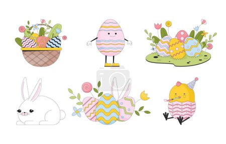 Illustration for Bunny paschal eggs line cartoon flat illustrations set. Easter egg hunt 2D lineart characters, objects isolated on white background. Resurrection springtime eastereggs vector color images collection - Royalty Free Image