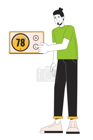 Illustration for Adjusting thermostat line cartoon flat illustration. Keep house warm 2D lineart character isolated on white background. Lower electricity usage. Heating control switching scene vector color image - Royalty Free Image