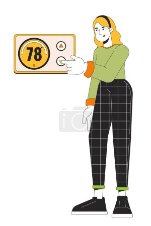 Illustration for Turning down thermostat line cartoon flat illustration. Saving energy home 2D lineart character isolated on white background. Reduce utility bills. Room temperature change scene vector color image - Royalty Free Image
