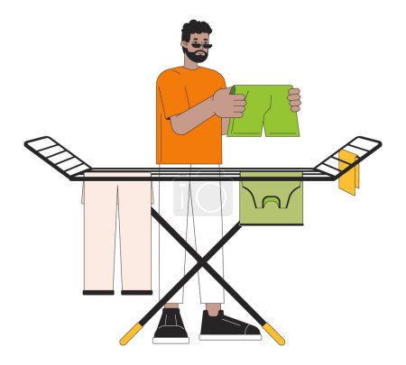 Air drying clothes on rack line cartoon flat illustration. African-american man 2D lineart character isolated on white background. Home chores. Saving energy at home scene vector color image