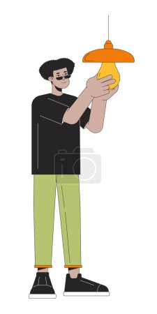 Illustration for Energy efficient lighting option line cartoon flat illustration. Latino guy 2D lineart character isolated on white background. Lowering utility bills. Saving energy, fix lamp scene vector color image - Royalty Free Image