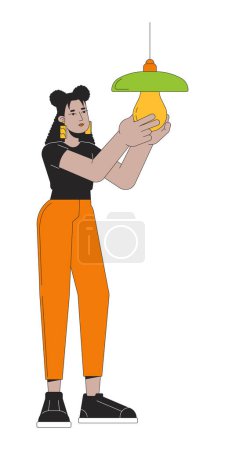 Switching to efficient lighting line cartoon flat illustration. Latina woman replaces bulb 2D lineart character isolated on white background. Install sustainable light source scene vector color image