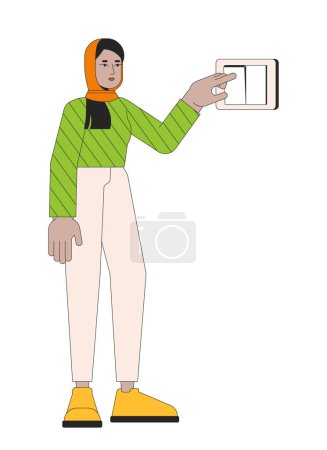 Turning off light with wall switch line cartoon flat illustration. Muslim hijab 2D lineart character isolated on white background. Push button turn on. Save energy bill scene vector color image