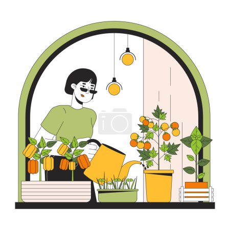 Wachsende Indoor-Gemüse Fensterbank Linie Cartoon flache Illustration. Asiatische Frau 2D lineart Charakter isoliert auf weißem Hintergrund. Reduzierung des Stromverbrauchs. Energiesparen Home Scene Vektor Farbbild