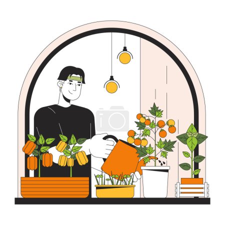 Indoor Gemüsebau Linie Cartoon flache Illustration. Asiatische männliche Bewässerungsgemüse 2D lineare Charakter isoliert auf weißem Hintergrund. Senkung der Energiekosten. Zu Hause Szene Vektor Farbbild