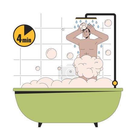 Línea de ducha de 4 minutos ilustración plana de dibujos animados. Hombre indio duchando bañera 2D carácter lineal aislado sobre fondo blanco. Reducir el consumo de electricidad. Ahorro de agua en el hogar imagen vectorial de color