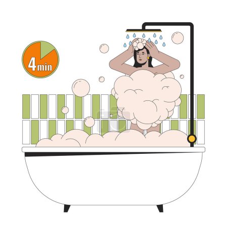 Illustration for Taking shorter shower line cartoon flat illustration. South asian bathtub woman 2D lineart character isolated on white background. Reduce electricity usage. Water conservation scene vector color image - Royalty Free Image