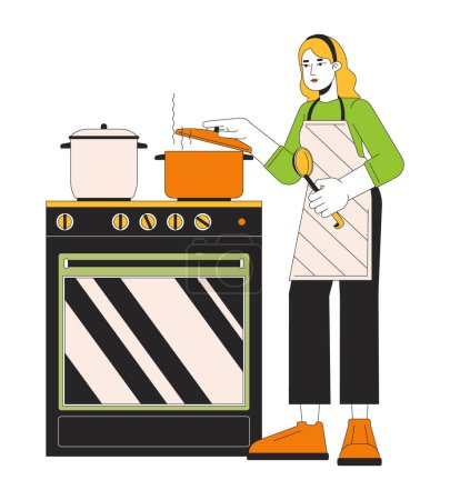 Ilustración de Ahorro de energía mediante la cocina con tapa línea de dibujos animados ilustración plana. Mujer caucásica poniendo tapa en maceta 2D carácter lineal aislado sobre fondo blanco. Calentar comida rápidamente escena vector de imagen de color - Imagen libre de derechos