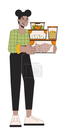 Carrying food storage containers line cartoon flat illustration. Black girl 2D lineart character isolated on white background. Energy efficient healthy meal. Packing leftovers scene vector color image