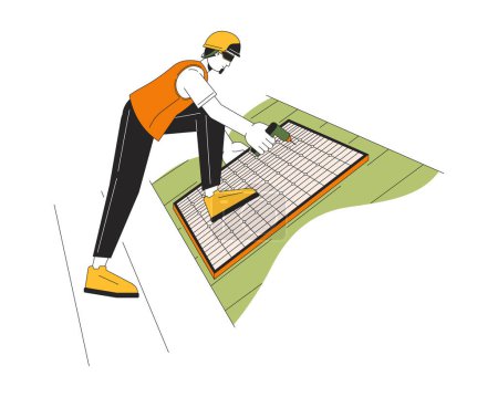 Illustration for Solar panels installation on roof line cartoon flat illustration. Engineer drilling 2D lineart character isolated on white background. Residential rooftop solar energy system scene vector color image - Royalty Free Image
