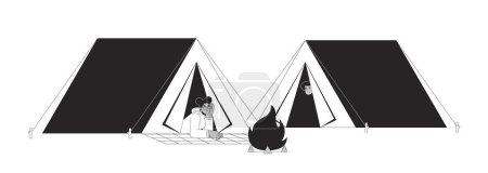 Friends in camping tents bonfire black and white 2D line cartoon characters. Diverse woman man relaxing campsite campfire isolated vector outline people. Camp fire monochromatic flat spot illustration