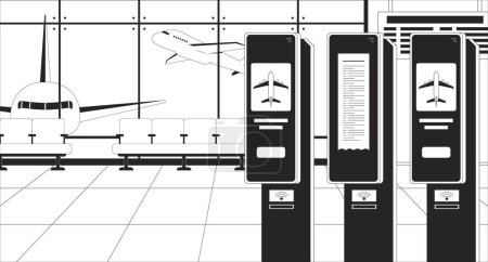 Illustration for Check in airport terminal plane black and white line illustration. Self service machine for tickets 2D interior monochrome background. Departure waiting lounge no people outline scene vector image - Royalty Free Image