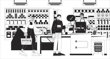 Illustration for Wireless paying at grocery black and white line illustration. NFC phone customer cashier supermarket diverse 2D characters monochrome background. Checkout line terminal outline scene vector image - Royalty Free Image