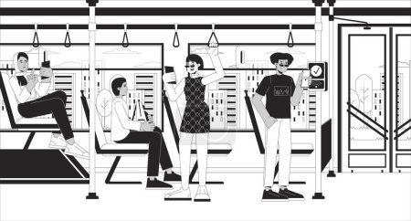 Contactless public transport payment black and white line illustration. Multicultural bus passengers using phones 2D characters monochrome background. Wireless bus fare outline scene vector image