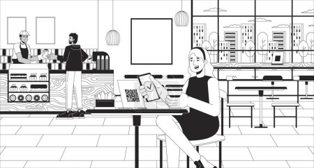 Checking menu with qr code scan black and white line illustration. Diverse clients coffee shop 2D characters monochrome background. Caucasian woman choosing baked goods outline scene vector image